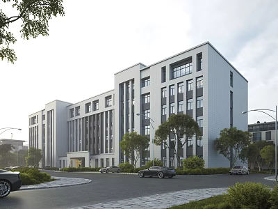 Modern Office Building Architectural Design With Large Windows White Facade Surrounded by Trees Near Roadside Parking 3d model