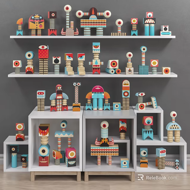 Colorful Building Blocks Robot Figures On Shelves With Various Creative Designs 3d model 
