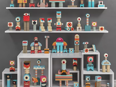 Colorful Building Blocks Robot Figures On Shelves With Various Creative Designs 3d model