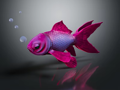 Vibrant Pink Goldfish Swimming With Bubbles On Dark Reflective Background 3d model