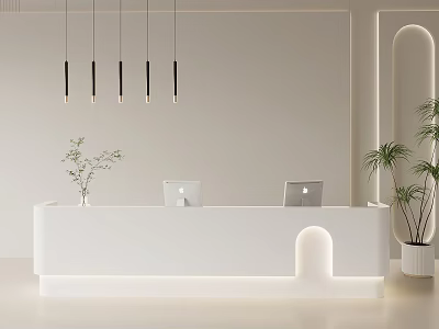 Modern White Reception Desk With Mac Computers Plants And Hanging Lights 3d model