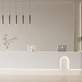 Modern White Reception Desk With Mac Computers Plants And Hanging Lights 3d model