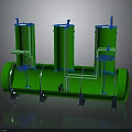 Green Industrial Equipment Structure With Three Vertical Tanks And Horizontal Pipeline