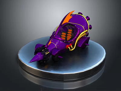 Sleek Sci Fi Vehicle Model In Purple And Orange With Metallic Circular Base 3d model