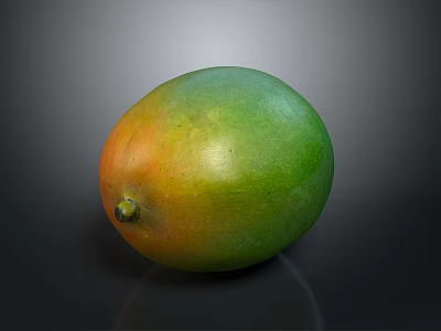 Shiny Ripe Mango With Green And Orange Skin On Dark Reflective Surface 3d model