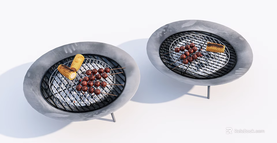 Two Round Gray Grills With Meatball Skewers And Sausages On Grates 3d model 