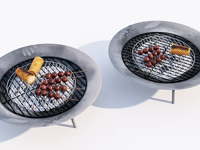 Two Round Gray Grills With Meatball Skewers And Sausages On Grates 3d model