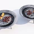 Two Round Gray Grills With Meatball Skewers And Sausages On Grates