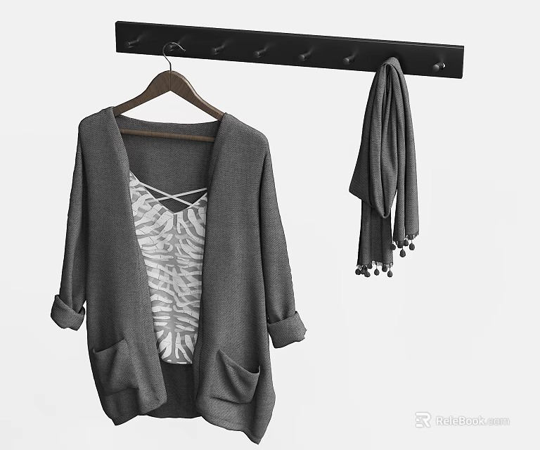 Gray Cardigan With Patterned Top And Gray Scarf On Black Hook Rack With Tassel Details 3d model 