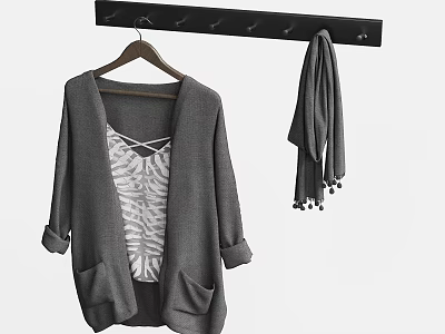 Gray Cardigan With Patterned Top And Gray Scarf On Black Hook Rack With Tassel Details 3d model