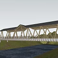 Scenic Modern Wooden Bridge with Triangular Roof Structure in Lush Forest and Misty River