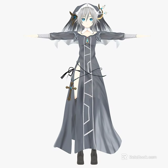 Woman In Gray Long Dress With White Line Decorations And Sword At Waist 3d model 
