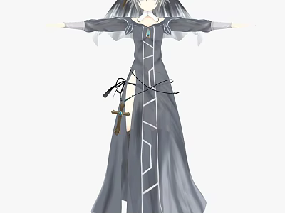 Woman In Gray Long Dress With White Line Decorations And Sword At Waist 3d model