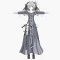 Woman In Gray Long Dress With White Line Decorations And Sword At Waist
