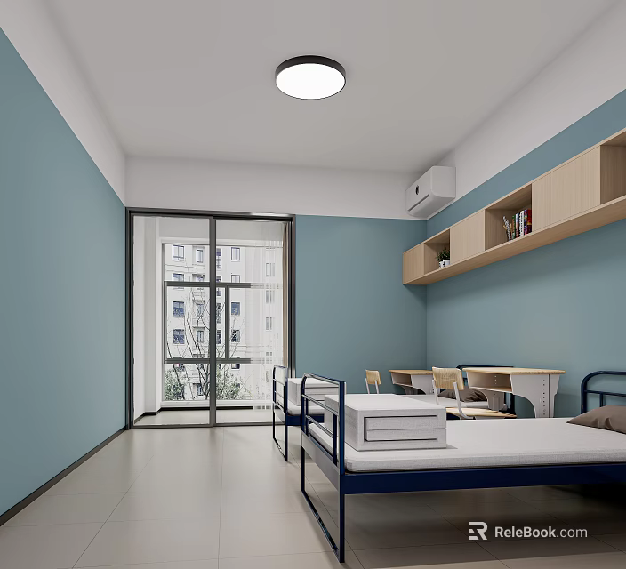 Light Blue Dormitory Room With Beds Study Tables Chairs Bookshelves And Glass Door 3d model 