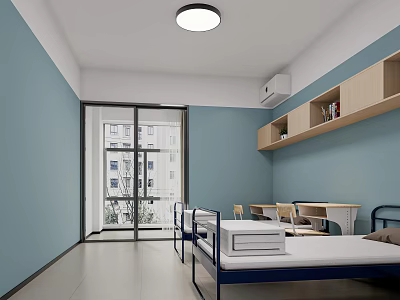 Light Blue Dormitory Room With Beds Study Tables Chairs Bookshelves And Glass Door 3d model