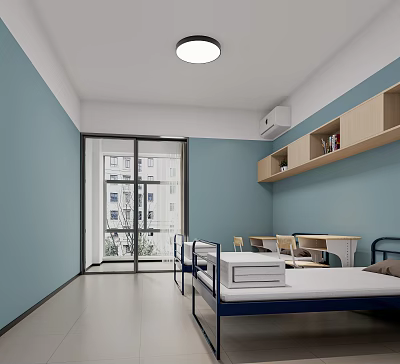 Light Blue Dormitory Room With Beds Study Tables Chairs Bookshelves And Glass Door 3d model
