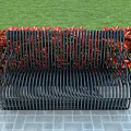 Stylish Garden Ornament With Black Metal Bench Red Flowers Gray Tiled Floor And Green Lawn