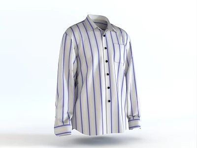 Long Sleeve Shirt With White Base And Blue Vertical Stripes Black Buttons And Chest Pocket 3d model
