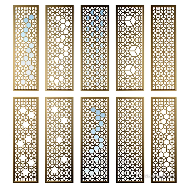 Various Modern Decorative Room Dividers With Golden Frames And Geometric Patterns 3d model