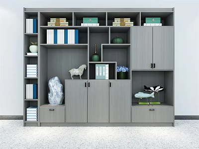 Modern Wooden Bookcase With Multiple Shelves Books Decorations Plants And Cabinets 3d model