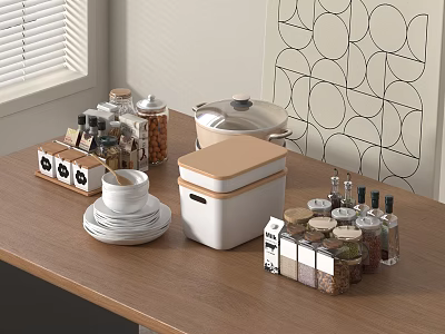 Organized Kitchen Counter With Spice Jars Containers Pot Dishes And Appliances On Wooden Table 3d model
