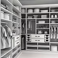 Modern Closet Interior Design With Hanging Clothes Organized Shelves Drawers And Storage Boxes