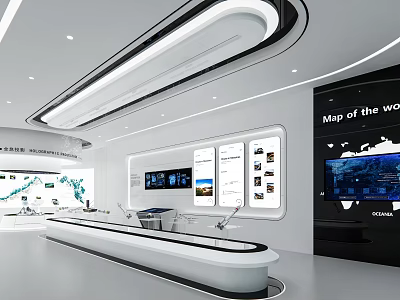 Modern Exhibition Hall Interior Design Featuring Digital Screens World Map And Display Counter 3d model