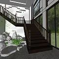 Wooden Staircase With Railings In Modern Interior Featuring Green Plants And Large Windows