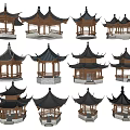 Chinese Traditional Pavilion Models With Various Designs Wooden Structures And Multiple Roof Layers