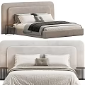 Double Bed with Upholstered Headboard and White Gray Pillows on Neutral Bedspread beside Nightstand