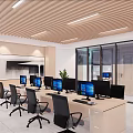Modern Public Office Space With Open Layout Multiple Computer Monitors And Office Desks 3d model