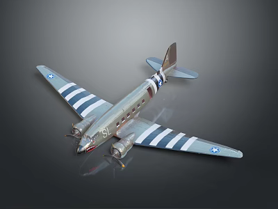 Vintage Silver Twin Engine Airplane Model With Blue White Stripes And Star Emblem 3d model