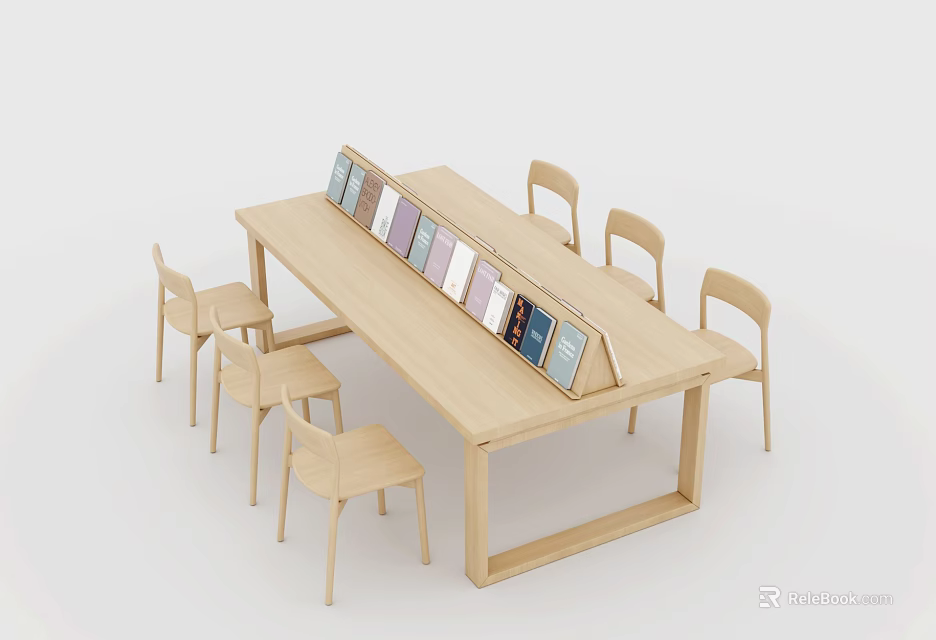 Modern Light Wood Dining Table Set With Six Chairs And Colorful Books 3d model 