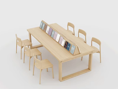Modern Light Wood Dining Table Set With Six Chairs And Colorful Books 3d model