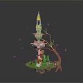 Fantasy Floating Tower Structure With Yellow Spire Root Base Green Plants And Floating Feathers