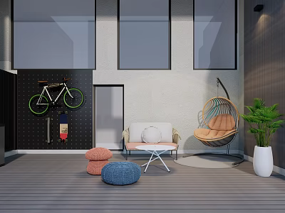 Rooftop Garden With Wooden Deck Wall Mounted Bicycle Wicker Hanging Chair Sofa And Green Plant 3d model