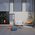 Rooftop Garden With Wooden Deck Wall Mounted Bicycle Wicker Hanging Chair Sofa And Green Plant