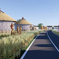 Scenic Countryside Landscape With Haystacks Round Roofed Huts And Wheat Fields Along The Road