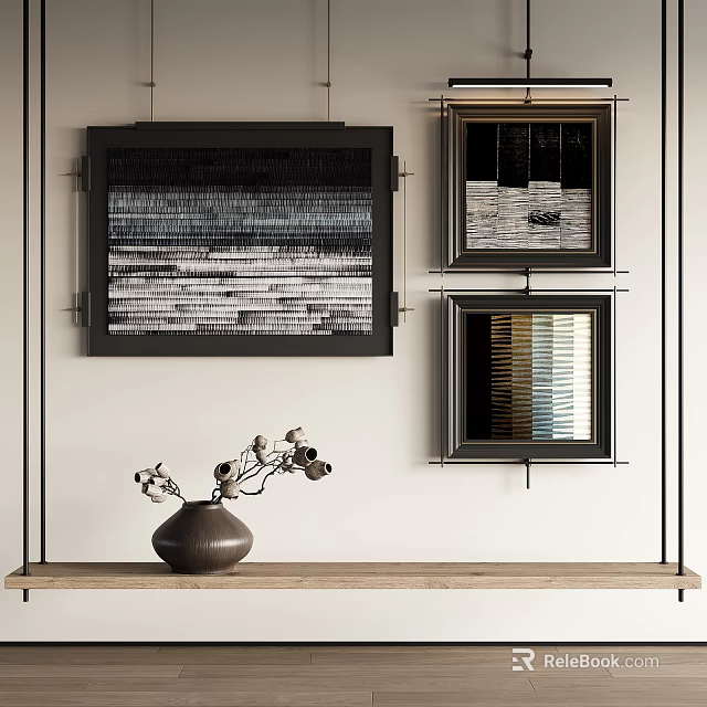 Abstract Paintings Framed On Wall With Ceramic Vase And Wooden Shelf 3d model 