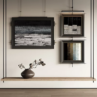 Abstract Paintings Framed On Wall With Ceramic Vase And Wooden Shelf 3d model