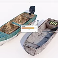 Two Worn Wooden Boats With Blue White And Gray Hulls One Motor And Paddle
