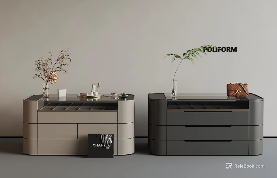 Modern Poliform Dressers in Light and Dark Gray with Vase Plant and Handbag Decorations 3d model 