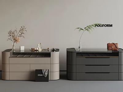 Modern Poliform Dressers in Light and Dark Gray with Vase Plant and Handbag Decorations 3d model