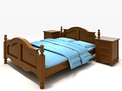 Classic Wooden Double Bed With Blue Bedding And Matching Nightstands With Drawers 3d model