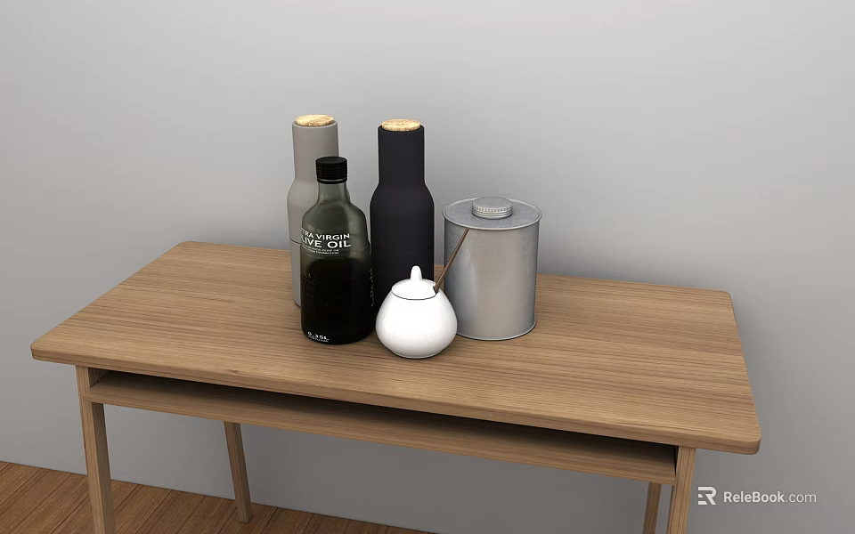Modern Decorative Ornament Set With Black Gray White Bottles On Wooden Table 3d model 