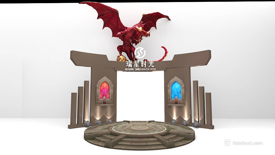 Red Dragon Themed Photo Spot With Archway Stained Glass Windows And Circular Platform 3d model 