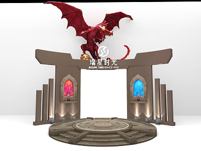 Red Dragon Themed Photo Spot With Archway Stained Glass Windows And Circular Platform 3d model