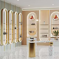 Elegant Modern Boutique Interior With Circular Display Shelves Products And Lighting Fixtures