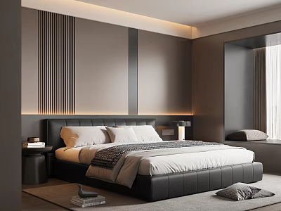 Modern Bedroom Interior Design With Grey Headboard Wall Vertical Stripe Decor And Large Bed 3d model